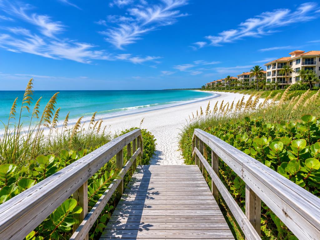 Illustrative white sand beach and wooden boardwalk leading to turquoise Gulf water in Collier County