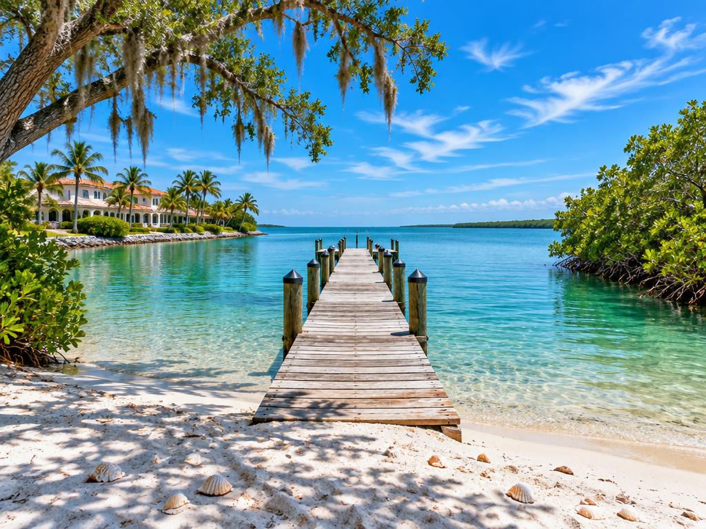 Illustrative wooden pier over turquoise water with palms and mangroves in Lee County