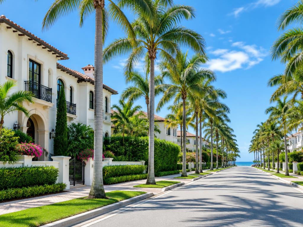 Illustrative palm-lined avenue with Mediterranean homes in Palm Beach
